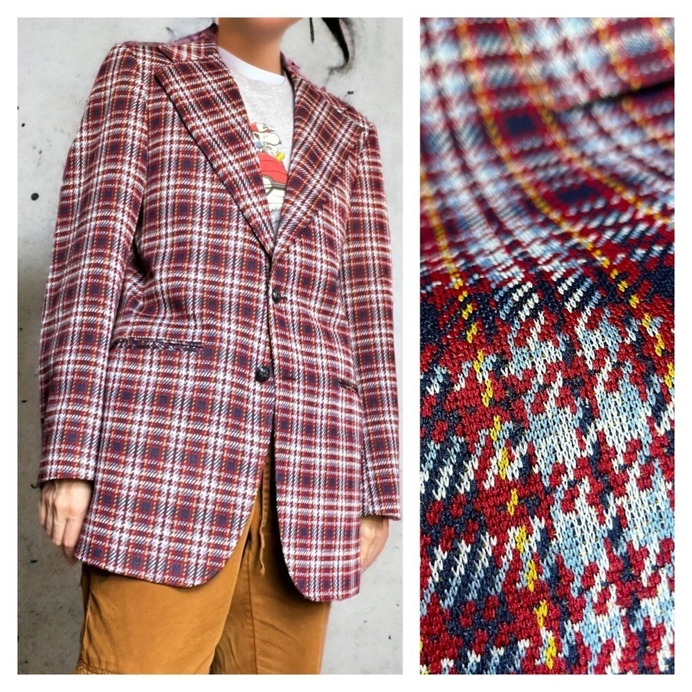 VTG 60s Houndstooth Plaid Blazer Jacket Multicolor Preppy Menswear Woven M